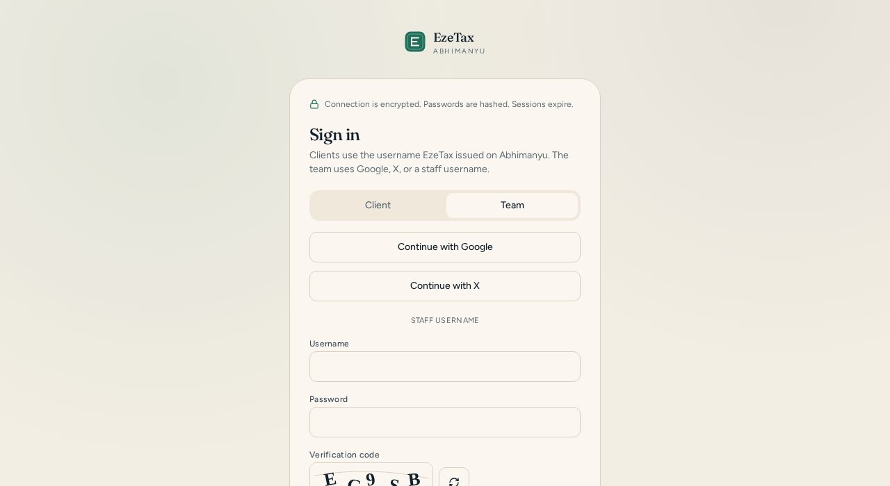 Abhimanyu team sign-in with Google, X, and staff username
