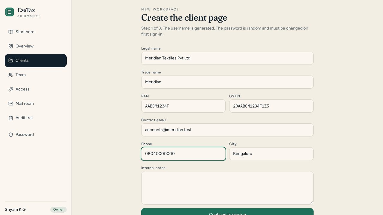 Create the client page form with legal name and email