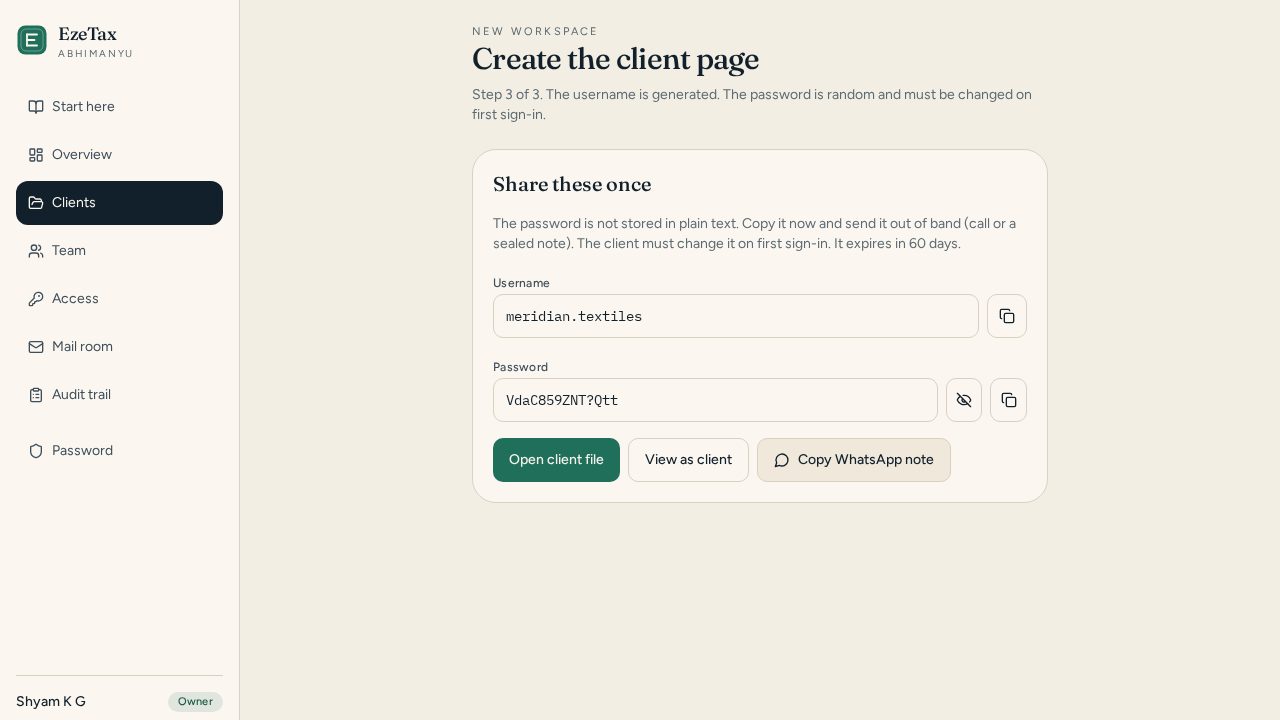 One-time username and password with Copy WhatsApp note