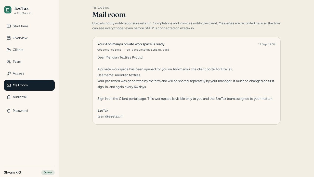 Mail room with a welcome message to the client