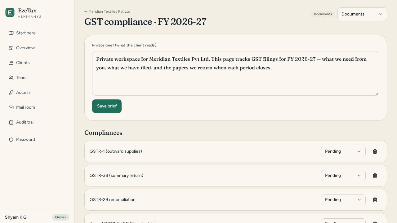 GST engagement dashboard with compliances, documents, deliverables and invoice